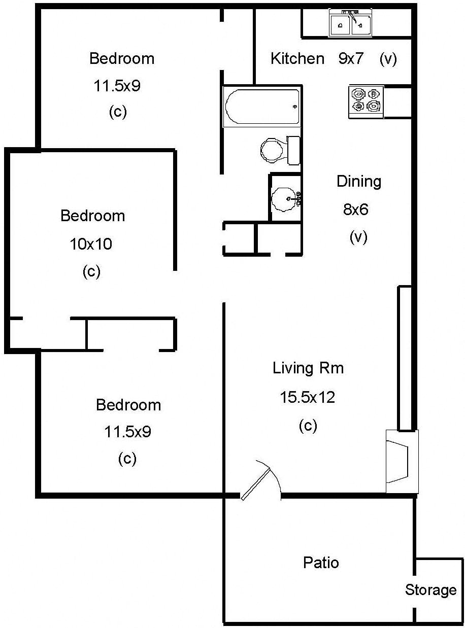 Floor plan for 3 beds, 1 bath, 739 sqft